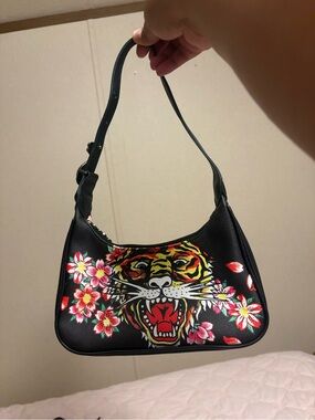 Ed Hardy Black Shoulder Bag with Vibrant Tiger & Floral Graphic